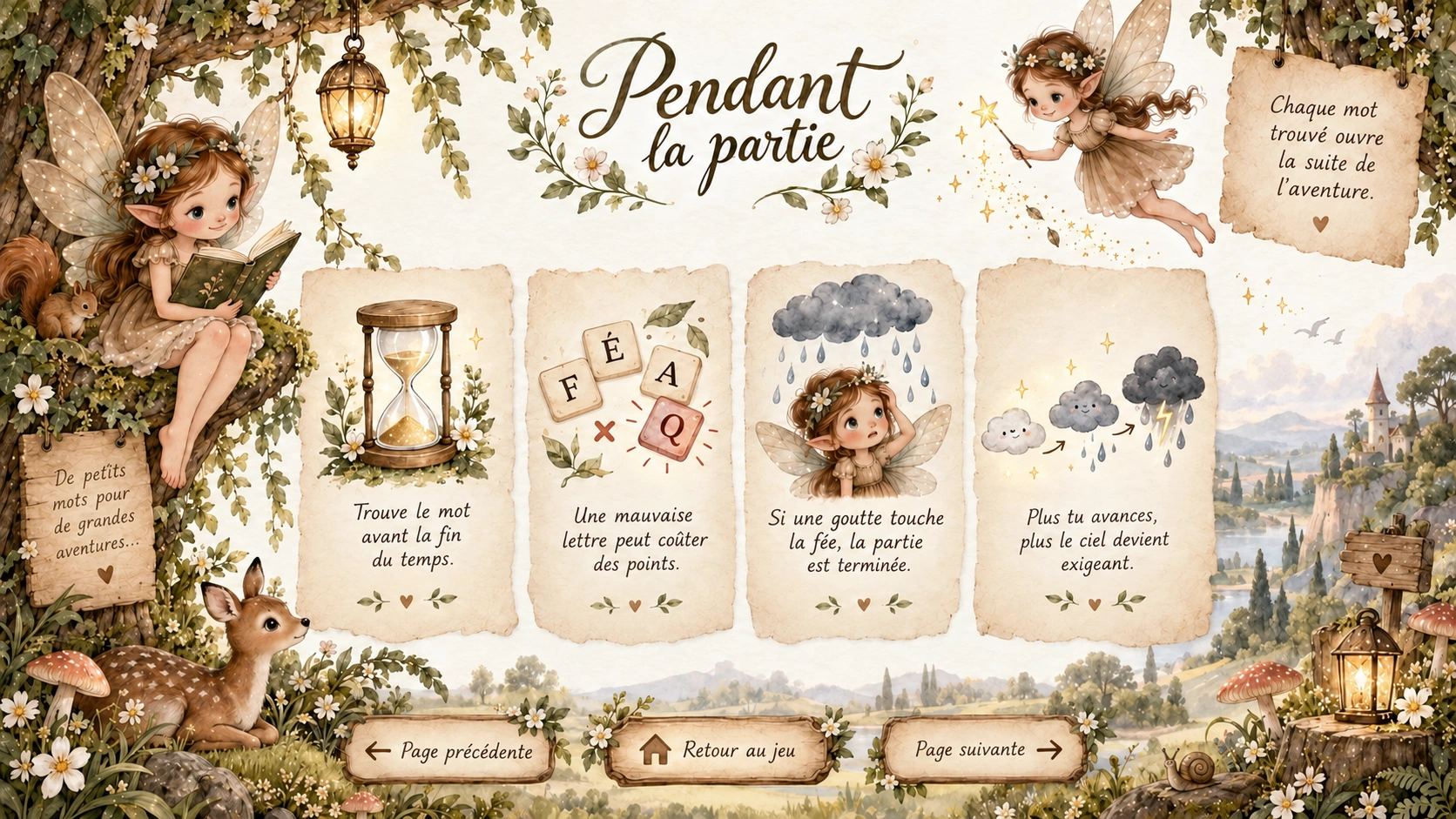 Pendant la partie : trouve le mot avant la fin du temps, une mauvaise lettre peut coûter des points, si une goutte touche la fée la manche est perdue, et le ciel devient plus exigeant en avançant.